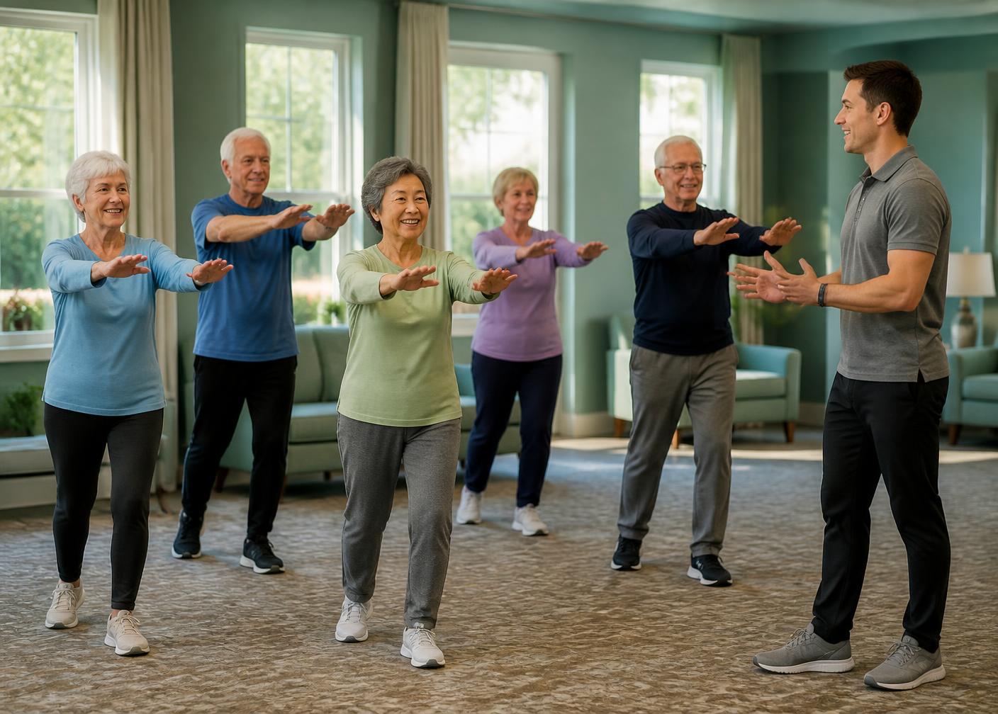 Older adults doing gentle balance work in a senior living lounge