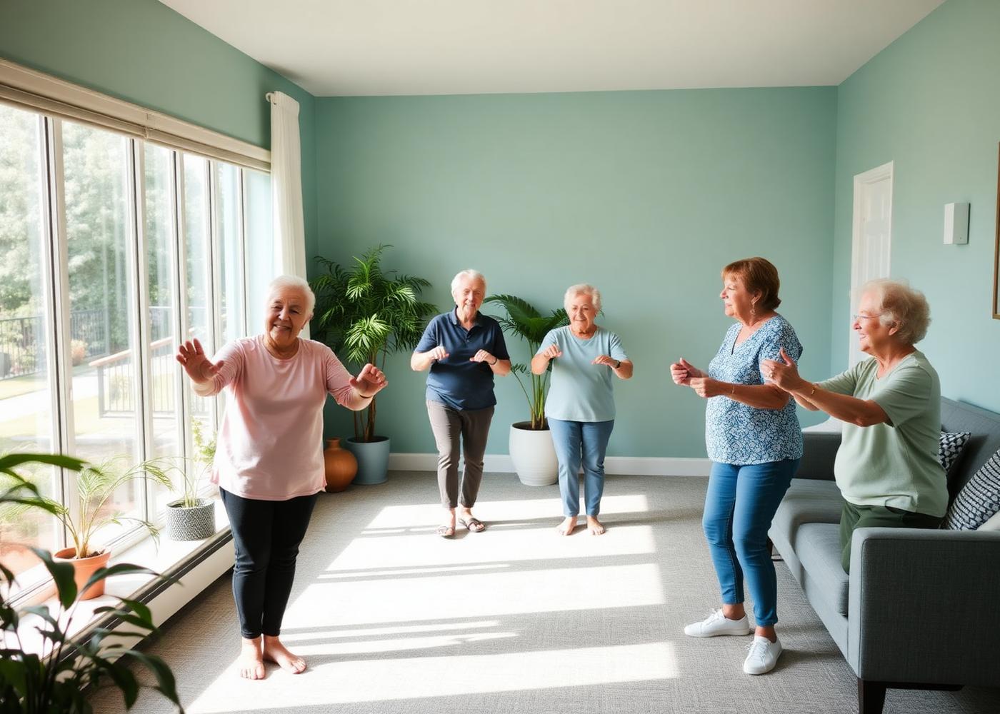 Older adults doing gentle balance work in a senior living lounge