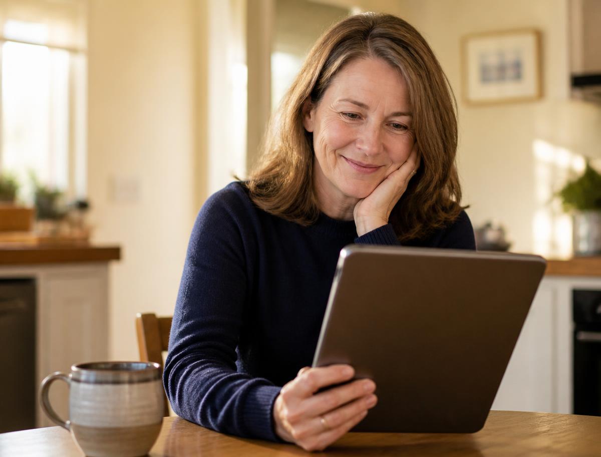 An adult daughter reading a session progress report on a tablet