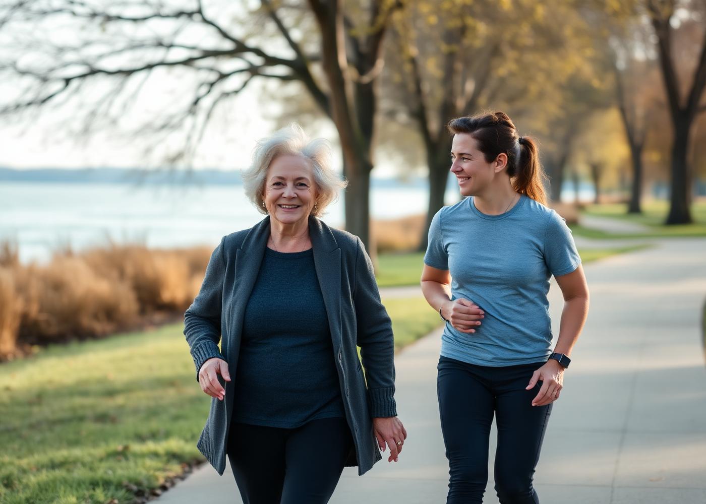 An older woman walking on a lakefront path beside her trainer