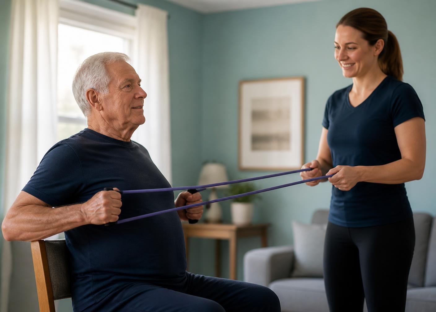 Seated strength training in a bright living room