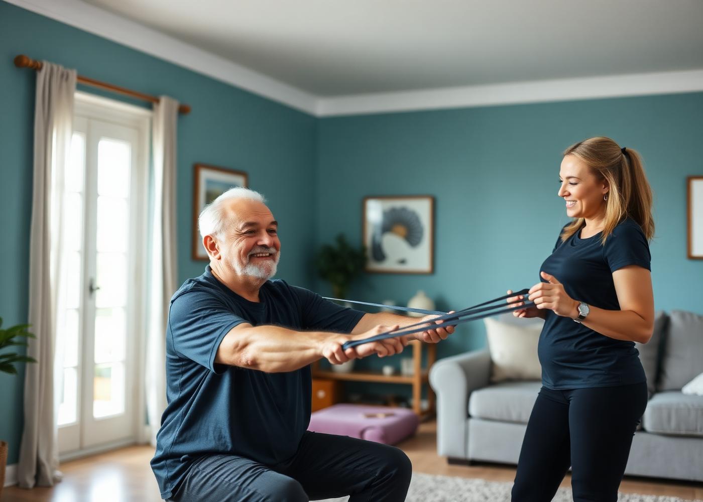 A trainer guiding an older man through a seated resistance-band exercise at home