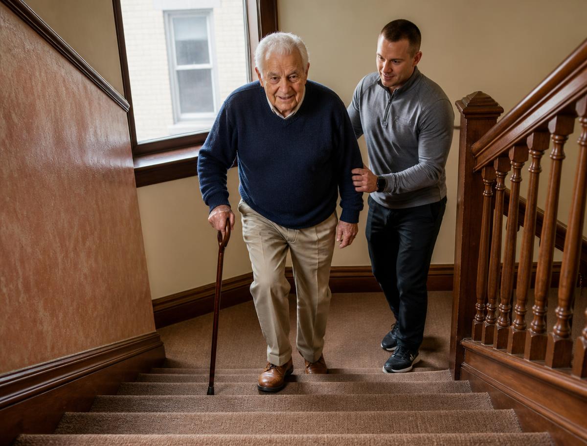 An older man with a cane climbing stairs while a trainer walks beside him